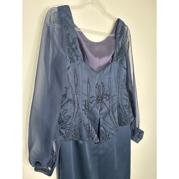 1990s Eve of Milady Navy Beaded Evening Dress with Sheer Sleeves M - L - Picture 10 of 14